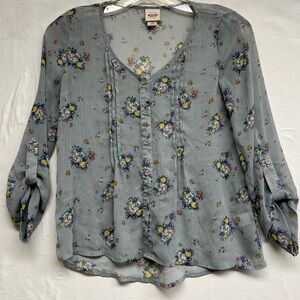 Boho Floral Pintuck Blouse Dusty Blue w/ florals Size XS Spring Sheer Feminine